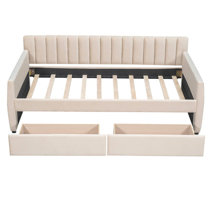 Merax Upholstered Daybed with 2 Drawers, Twin Size Bed Frame with Storage and Wood Slat Support, Beige
