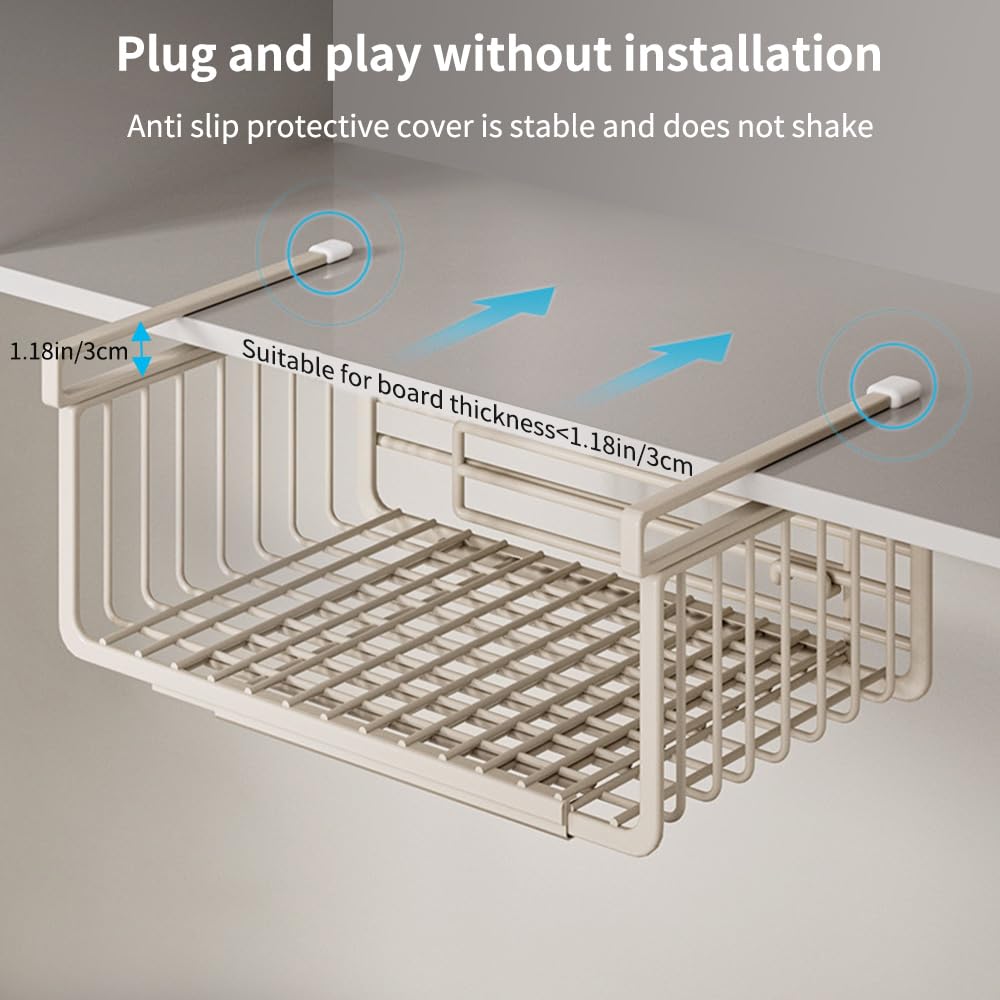 Janebert Extendable Under Shelf Storage Basket, Hanging Baskets Under Cabinet Shelf Organizer, for Cabinet Pantry Kitchen Cupboard Desk Counter Bookshelf Organization Space Saver Heavy Duty Slide-in
