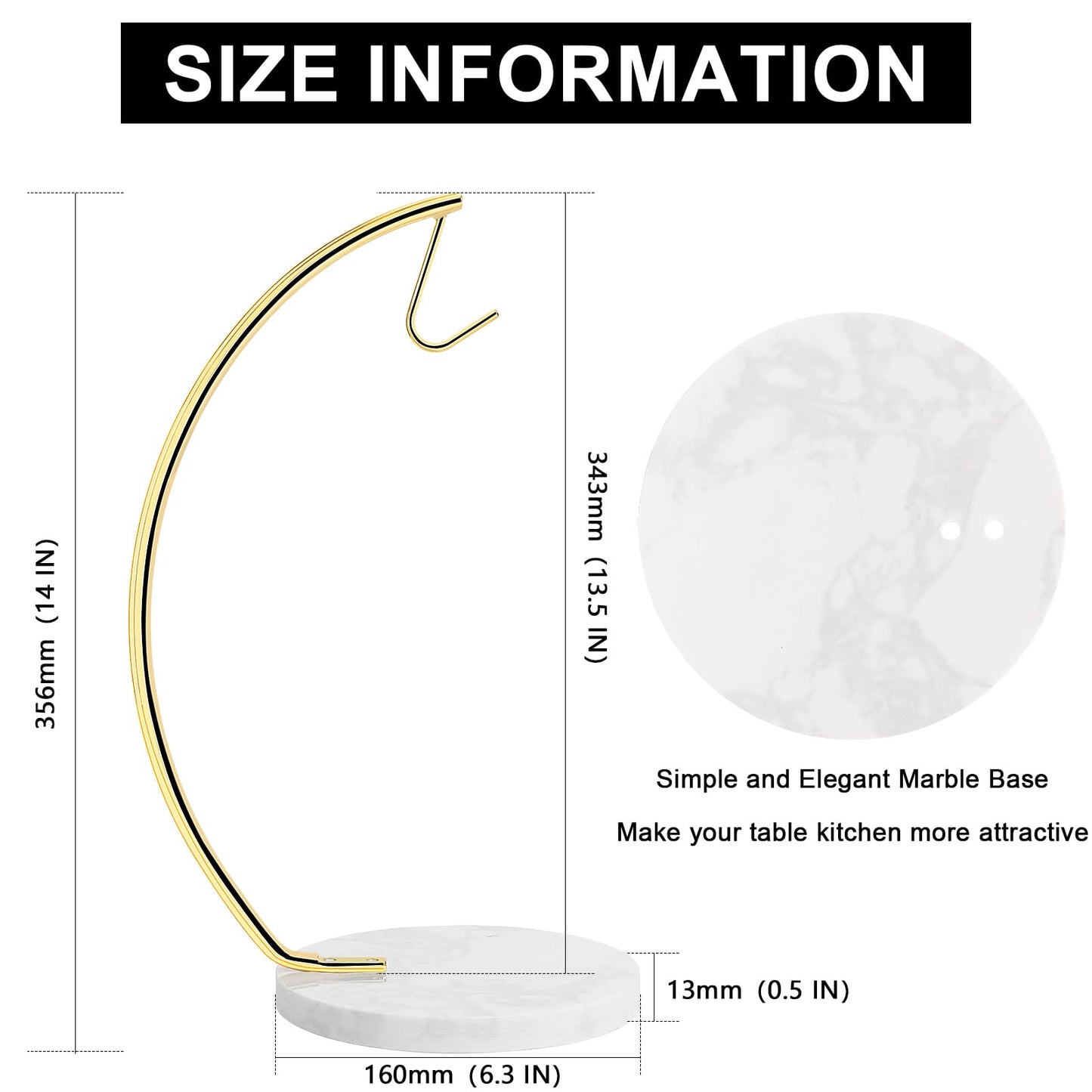 Livabber Banana Holder with Marble Base, Metal Banana Hanger Modern Tree Stand with Hook, Stylish Banana Keeper Fresh Fruit Storage Organizer Freestanding for Kitchen Countertop (Gold, Single Hook)