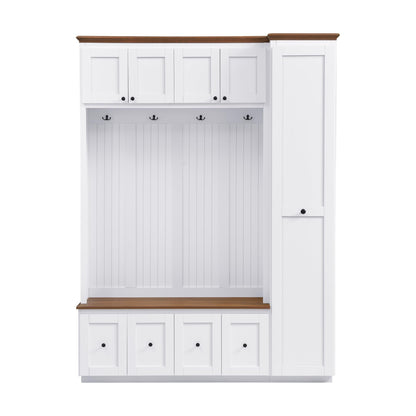 Merax 78.7''H Hall Tree with Storage Bench, Modern Entryway Bench with Coat Rack, 5-in-1 Hall Tree with Cabinets, Drawers & Hooks for Hallway, Entryway, Living Room, Mudroom, White