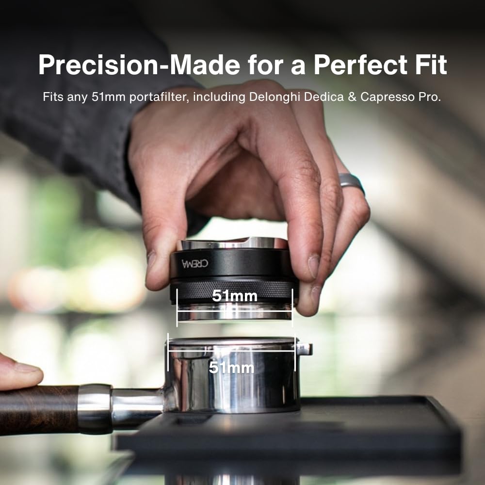 CREMA Coffee Products 51mm Hand Tamper & Coffee Distributor for Delonghi | Compatible w/any 51mm | Double-Sided, Adjustable Depth Tool | Durable 304 Stainless Steel | Black