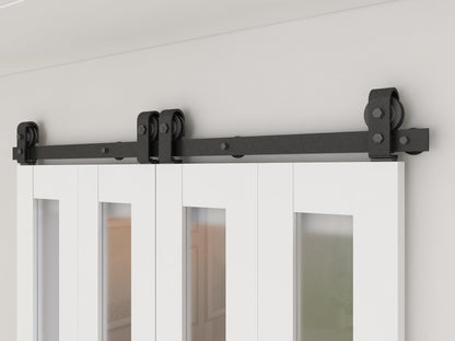 48 in. x 84 in. 3 Lite Pre Assembled Frosted Glass White MDF Double Bi-Fold Barn Doors with Hardware Kit and Door Handle