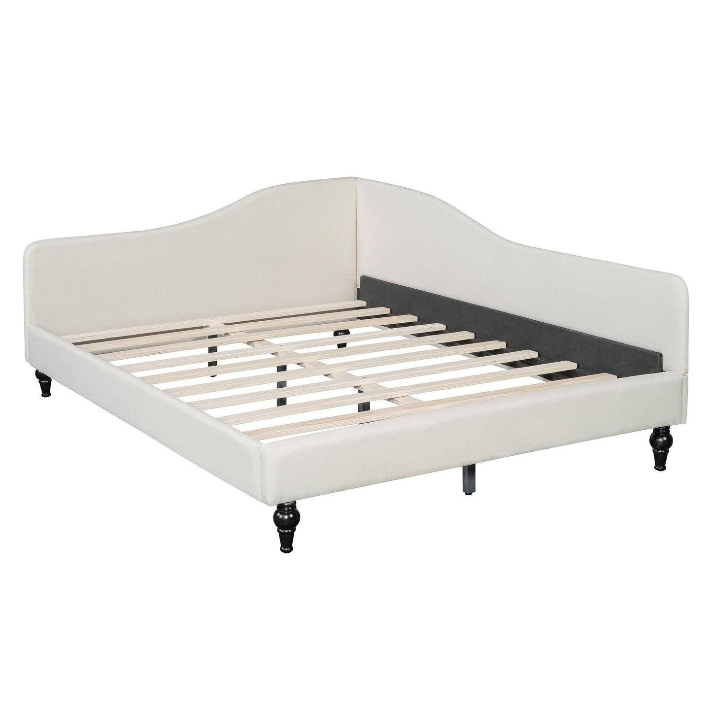 Merax Full Size Bed Frame Daybed, L-Shaped Linen Corner Sofa with Solid Wood Legs for Living Room & Guest Room, No Box Spring Needed, Beige