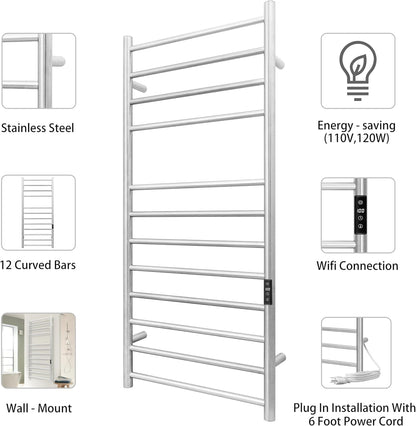 KEG Towel Warmer 8 Bars for Bathroom Freestanding or Wall Mounted Bath Towel Heater Plug-in with Built-in Timer Silver