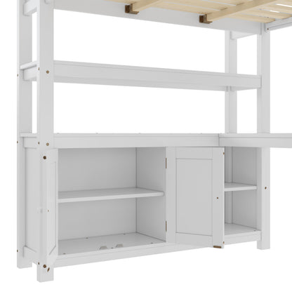 Bellemave Solid Wood Queen Size Loft Bed with Desk and Wardrobe,Loft Bed Frame with Storage Shelves and Bookcase for Kids,Teens,Adults,Queen Size,Space Saving,White