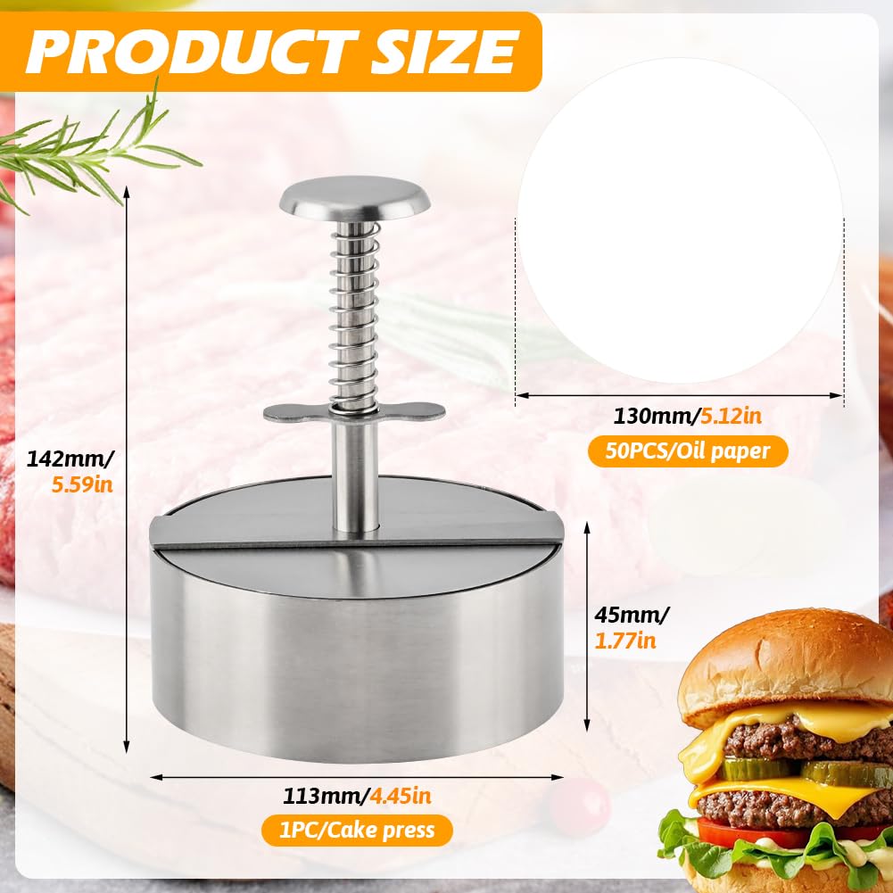 Quivorant 4.5" Burger Maker Press with 50 Patty Papers, 304 Stainless Steel Adjustable Non-Stick Hamburger Patty Maker, for Kitchen BBQ & Sandwich, Beef, Vegetables, Meat, Party Grill, Easy Release