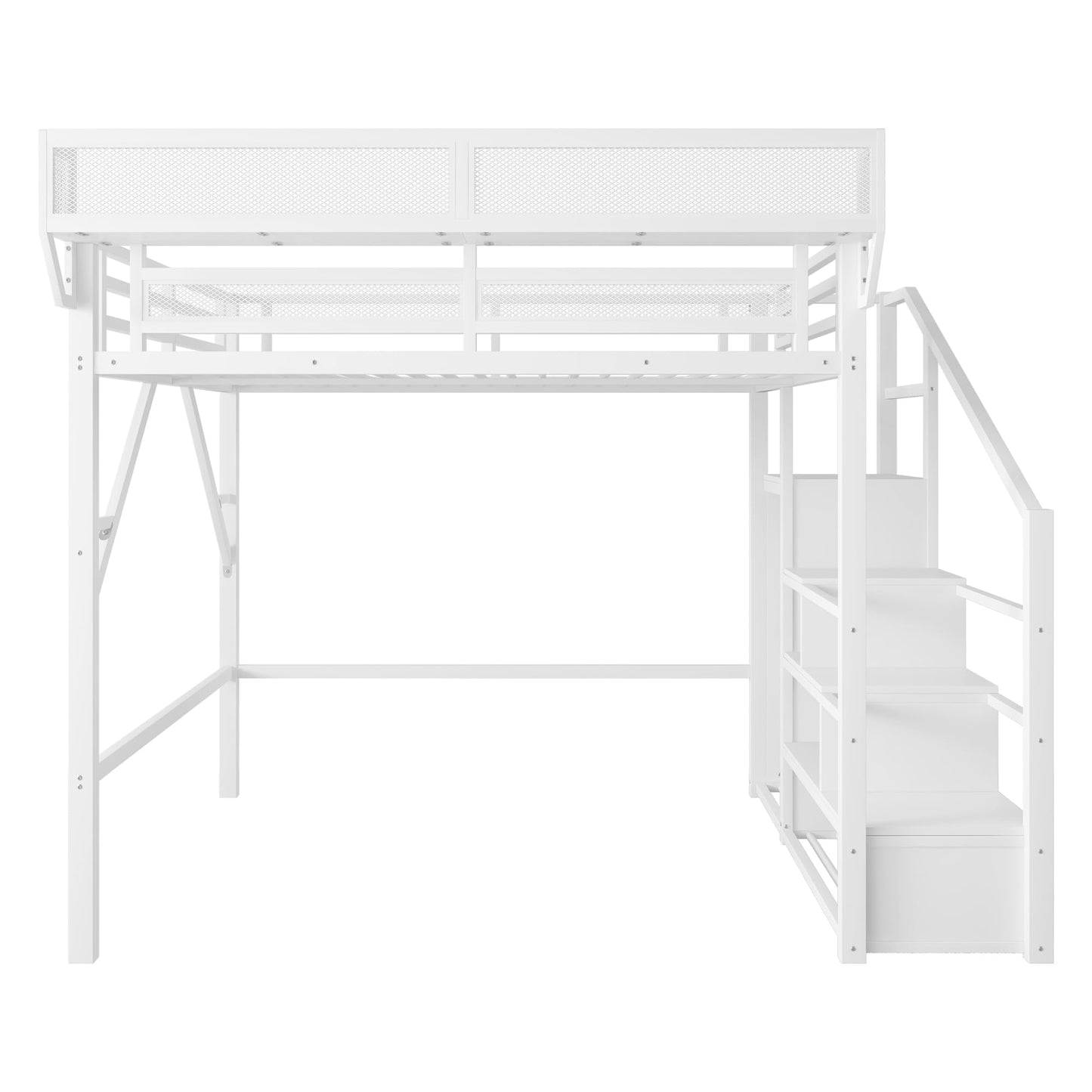 DNYN Queen Size Loft Bed with Desk & Storage Shelves & Wardrobe & Staircase Design for Kids/Adults Bedroom,Sturdy Metal High Bedframe w/Led & USB Port,Super Save Space & No Box Spring Needed, White