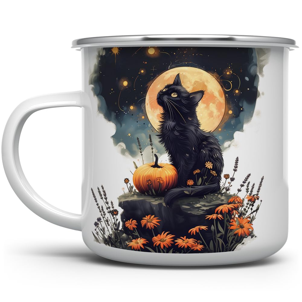 Mystical Black Cat Full Moon Enamel Camp Mug, Fall Halloween Spooky Outdoor Camping Coffee Cup, 12oz