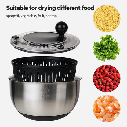 SURKAI Salad Spinner with 5 Blades – 5L Large Capacity Vegetable Washer & Dryer, Push Button Fast Spin, Built-in Drain System, Stainless Steel Bowl, Non-Slip Base – All-in-One Kitchen Prep Tool