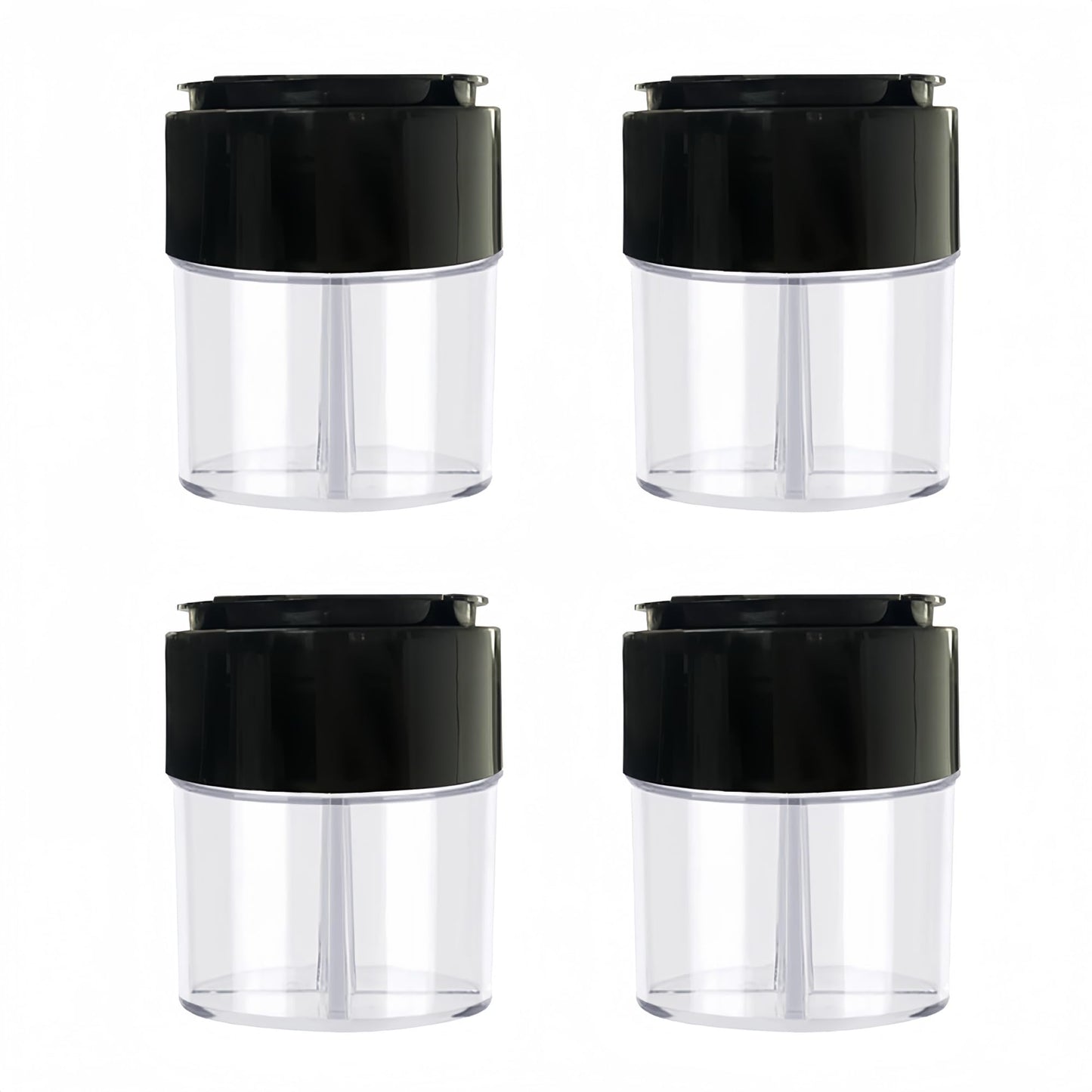 4-Pack 4 in 1 Salt and Pepper Shaker Jars Bottles, 4-Grid Flip Lid Spice Jars - Cylindrical Empty Plastic Seasoning Containers with Transparent Body for Travel Camping BBQ Kitchen Cooking (Black)