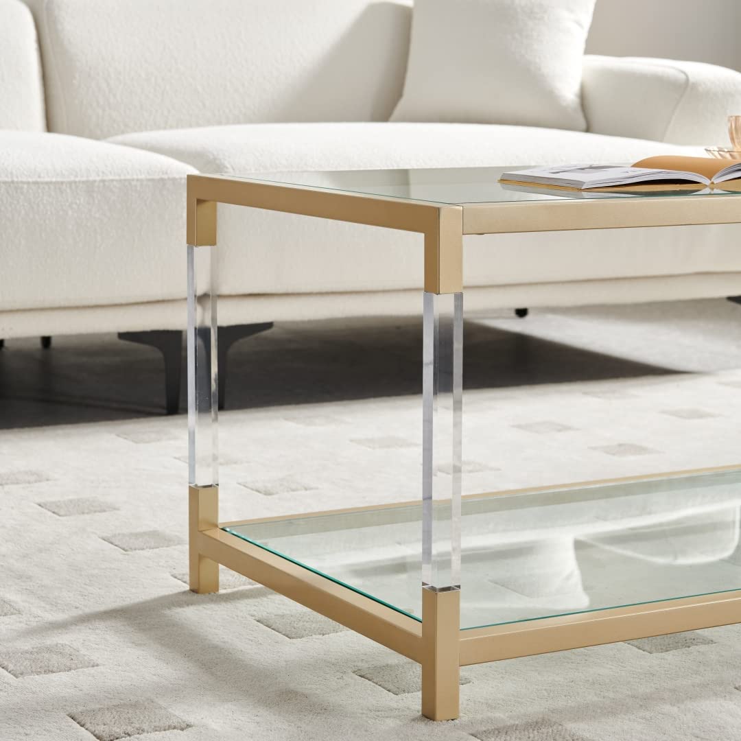 AGV LIGHTING 202205 BLEVIO Coffee Table, Modern Design Dual-Layer Coffee Table, Perfect for Living Space, Ultra-Clear Glass Top, Transparent Acrylic Leg & Gold Finish Metal Frame