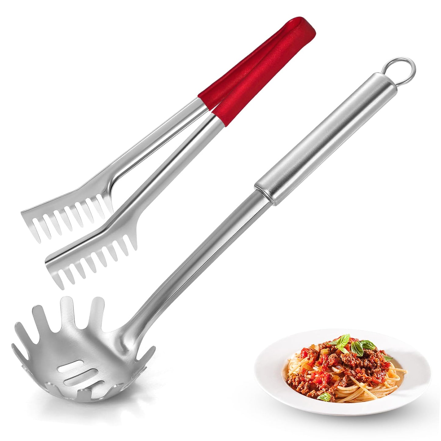 Funnydin Spaghetti Spoon and Spaghetti Tong - 12 Inch Heat-Proof Handle Spaghetti Fork and Kitchen Tong, Non-stick, Easy Storage and Dishwasher Safe Utensils for Cooking, Ergonomic Design