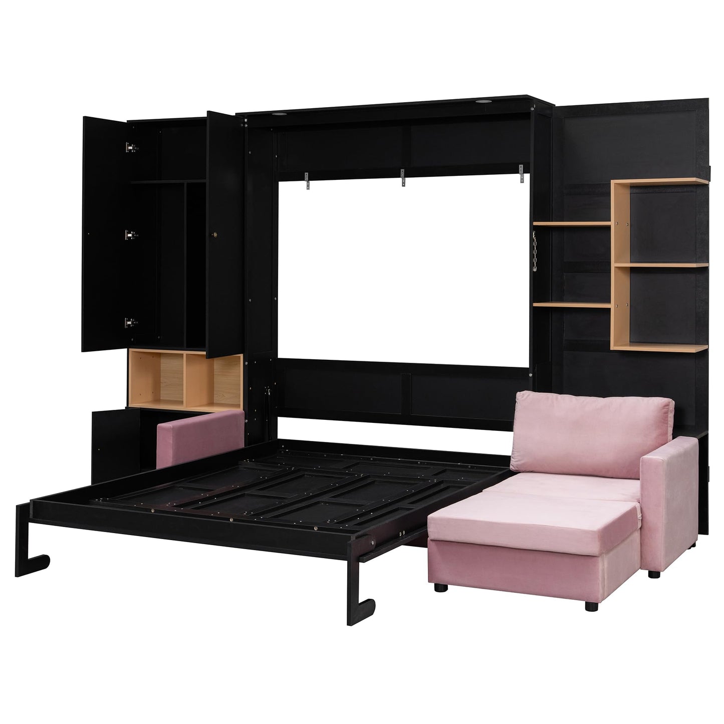 DNYN Queen Size Murphy Bed with Large Sofa and Storage Shelves for Bedroom/Guest/Study Room, Space-Saving Wooden Foldable Wall Bed Frame with Dual LED and Cabinets, No Box Spring Needed