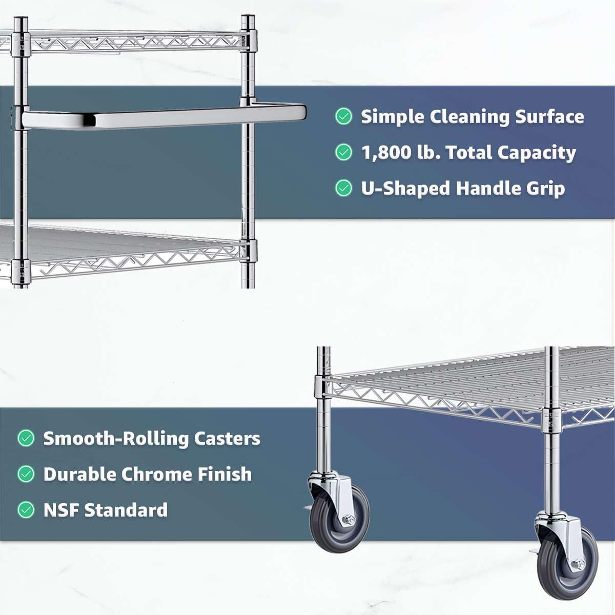 18" x 41 3/4" x 39" Commercial NSF Chrome 3 Shelf Metal Utility Cart with U-Shaped Handle - Heavy-Duty Wire Rolling Cart with Casters, Mobile Serving Storage Cart for Warehouse, Office, Kitchen