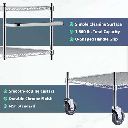 18" x 41 3/4" x 39" Commercial NSF Chrome 3 Shelf Metal Utility Cart with U-Shaped Handle - Heavy-Duty Wire Rolling Cart with Casters, Mobile Serving Storage Cart for Warehouse, Office, Kitchen