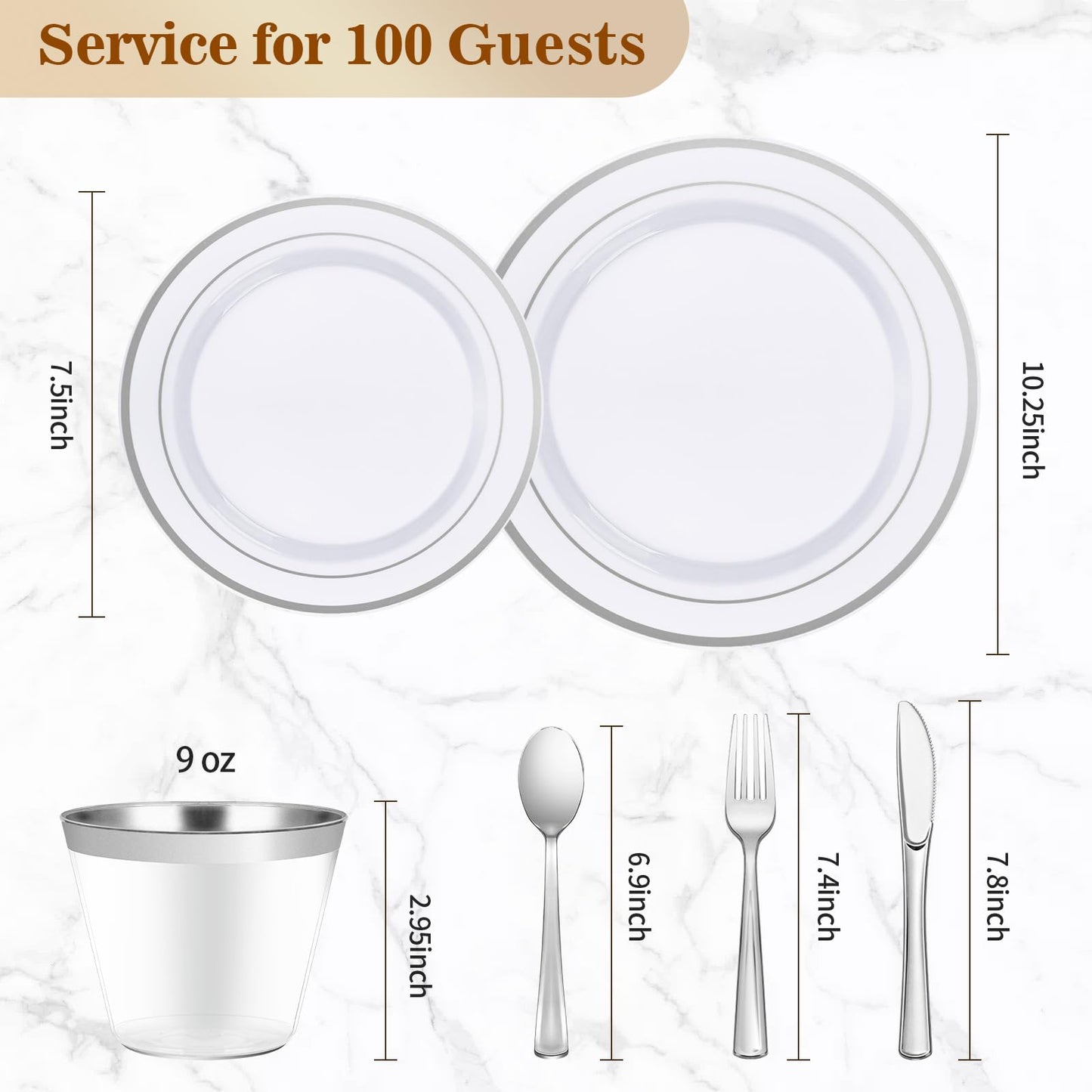 BESTVIP 600PCS Silver Dinnerware Set for 100 Guests, Plastic Plates for Party, 100 Silver Disposable Plates, 100 Dessert Plates, 100 Cups, 100 Spoons, 100 Forks and 100 Knives