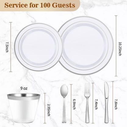 BESTVIP 600PCS Silver Dinnerware Set for 100 Guests, Plastic Plates for Party, 100 Silver Disposable Plates, 100 Dessert Plates, 100 Cups, 100 Spoons, 100 Forks and 100 Knives