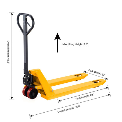 Tory Carrier Pallet Jack Hand Truck Manual Pallet Jacks 6600-Lb. Capacity 27 x 48 Forks Standard Duty, Rubber Handle, PU Wheels