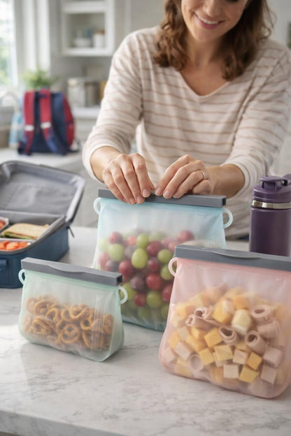 Reusable Silicone Food Storage Bags: Leak-Reistent Stand-up Pouches for Meal Prep, Sandwiches, Snacks, Baby Food, 3 Pack (500ml, 1000ml, 1500ml). BPA-Free, Freezer and Dishwasher Safe, Eco-Friendly
