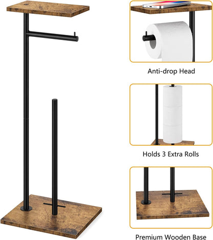 Rustic Brown Farmhouse Toilet Paper Dispenser - Free-Standing Holder with Shelf for Bathroom Storage