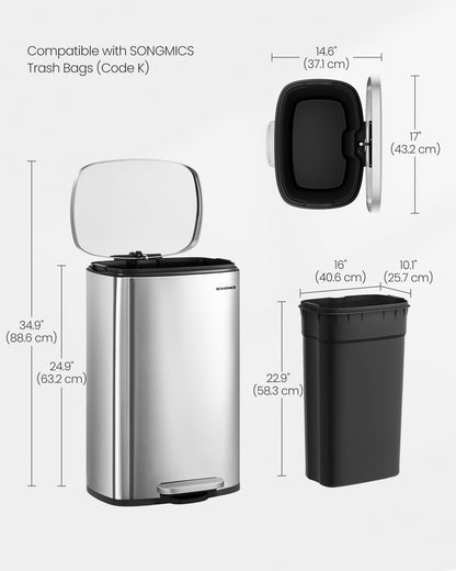SONGMICS 13 Gallon (50 L) Trash Can, Stainless Steel Kitchen Garbage Can, Recycling or Waste Bin, Soft Close, Step-On Pedal, Removable Inner Bucket, Silver ULTB050E01
