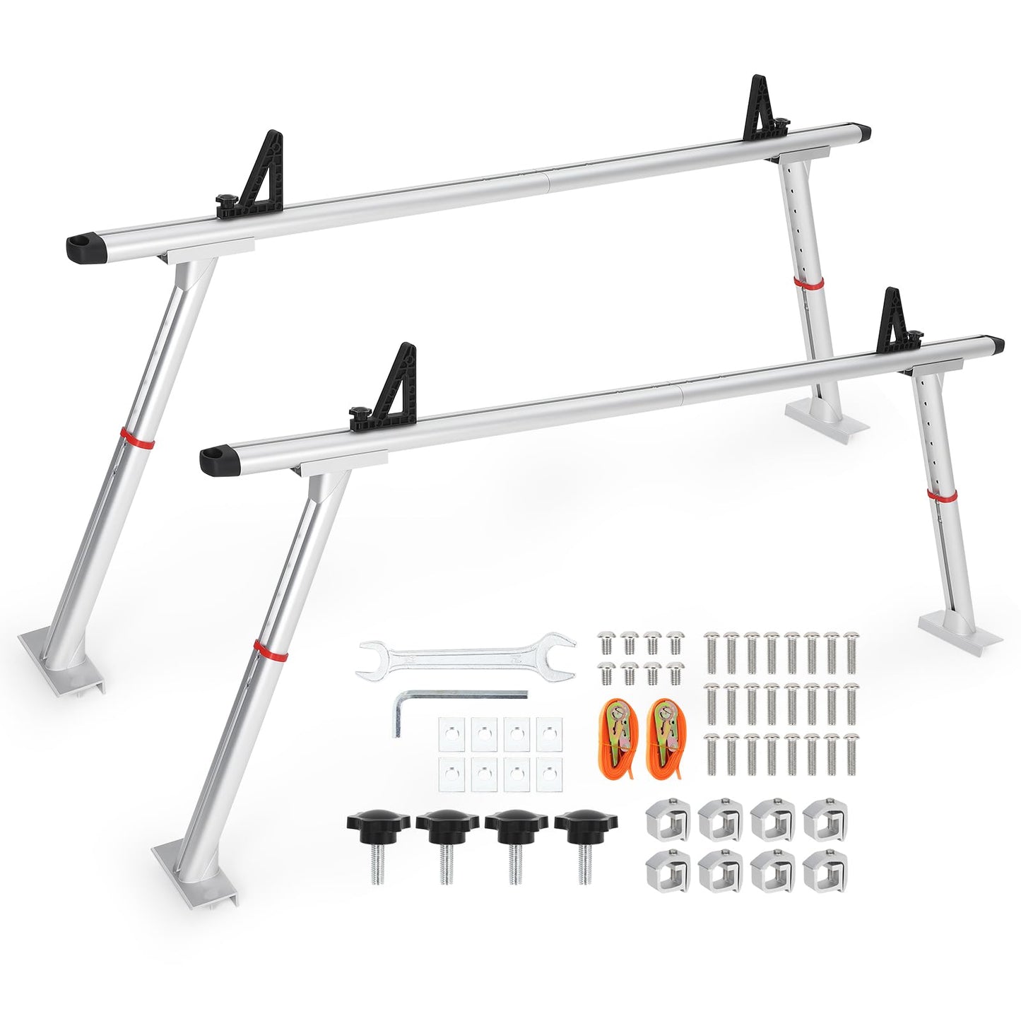 Adjustable Aluminum Pickup Ladder Rack – 35.4" to 71" Width, 800 Lb Heavy Duty 2-Bar Truck Bed Rack with No-Drill c-Clamp Mount – Utility Hauler for Kayaks, Lumber, Surfboards & Ladders – Silver