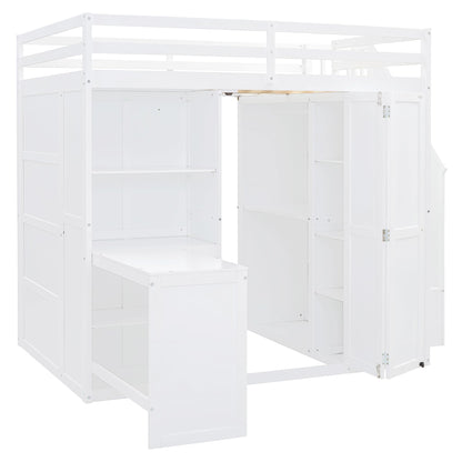 Merax Full Size Loft Bed, Wood Bedframe with Wardrobe, Storage Stairs, Desk and Shelves for Kids Teens Adults Bedroom, White