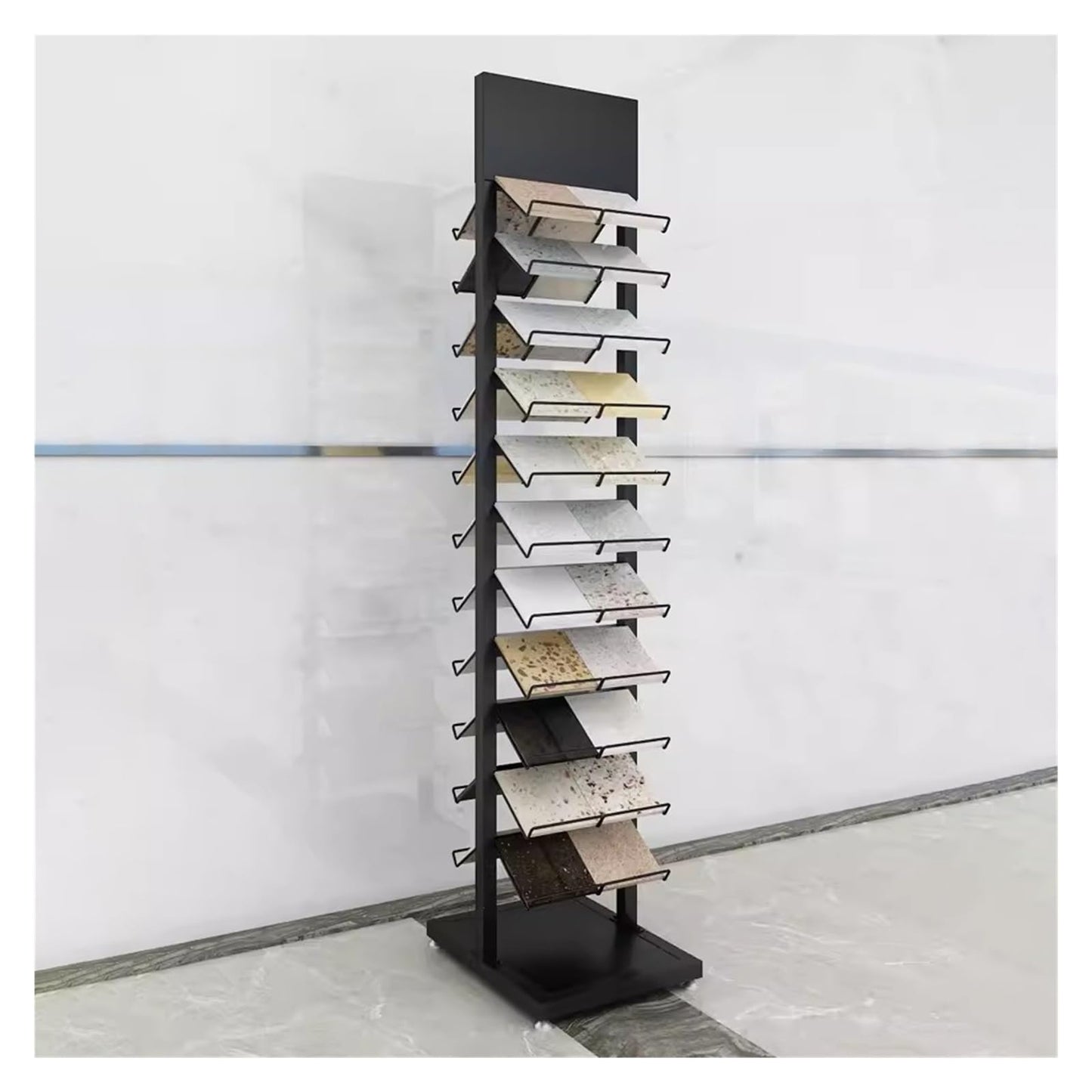 CVGfko Commercial Floor Tiles Sample Rack with Double,Side Shelf, Heavy Duty Retail Display Stand for Wooden Boards/Door Templates, Large Capacity & Space Saving,9.8x15.7x66.9in/25x40x170cm