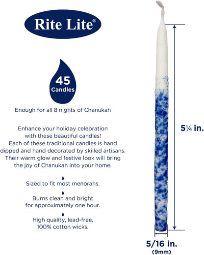 Rite Lite Premium Pack of 45 Chanukah Candles - Splash Blue and White for your Hanukkah Menorah