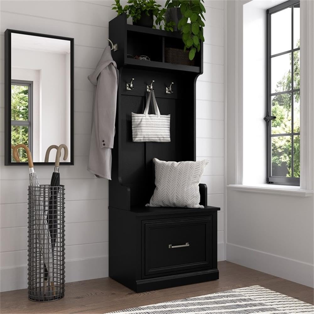 BOWERY HILL 24" Engineered Wood Hall Tree & Shoe Bench, Black Oak Finish, 69" Entryway Organizer w/Drawer, Coat Hooks, Open Cubbies, Transitional Style Storage Seat for Foyer or Mudroom Use