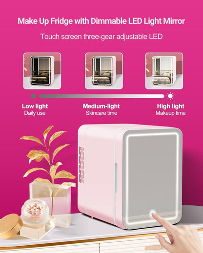 NISHCON 4-Liter Pink Portable Mini Fridge for Skincare Beauty Cosmetic Makeup With Mirrored Door and Dimmable LED Light