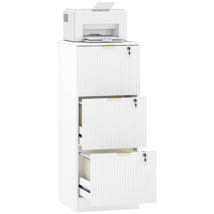 HOMCOM 3 Drawer File Cabinet, Fluted Vertical Filing Cabinet with Lock and Adjustable Hanging Rails for A4 Letter Size Files, Printer Stand with Storage, White