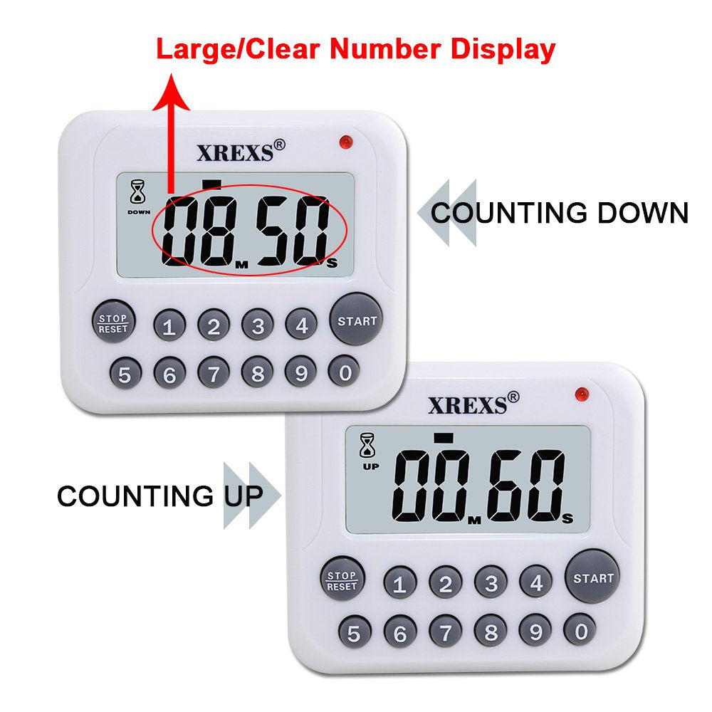 XREXS Digital Kitchen Timer Magnetic Countdown Up Cooking Timer Clock with Magnet Back and Clip, Loud Alarm, Large Display Minutes and Seconds Directly Input-White (2 Pcs, Battery Included) PS-367