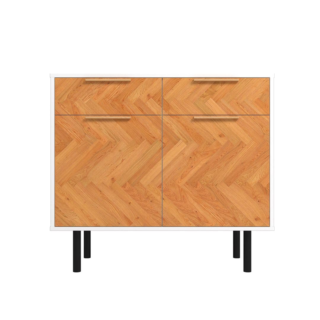 Manhattan Comfort Liam 35 Inch Mid Century Modern Accent Cabinet with 2 Drawers & 2 Soft Close Doors with Scratch Resistant Finish, Versatile Storage Console, White/Wood Print