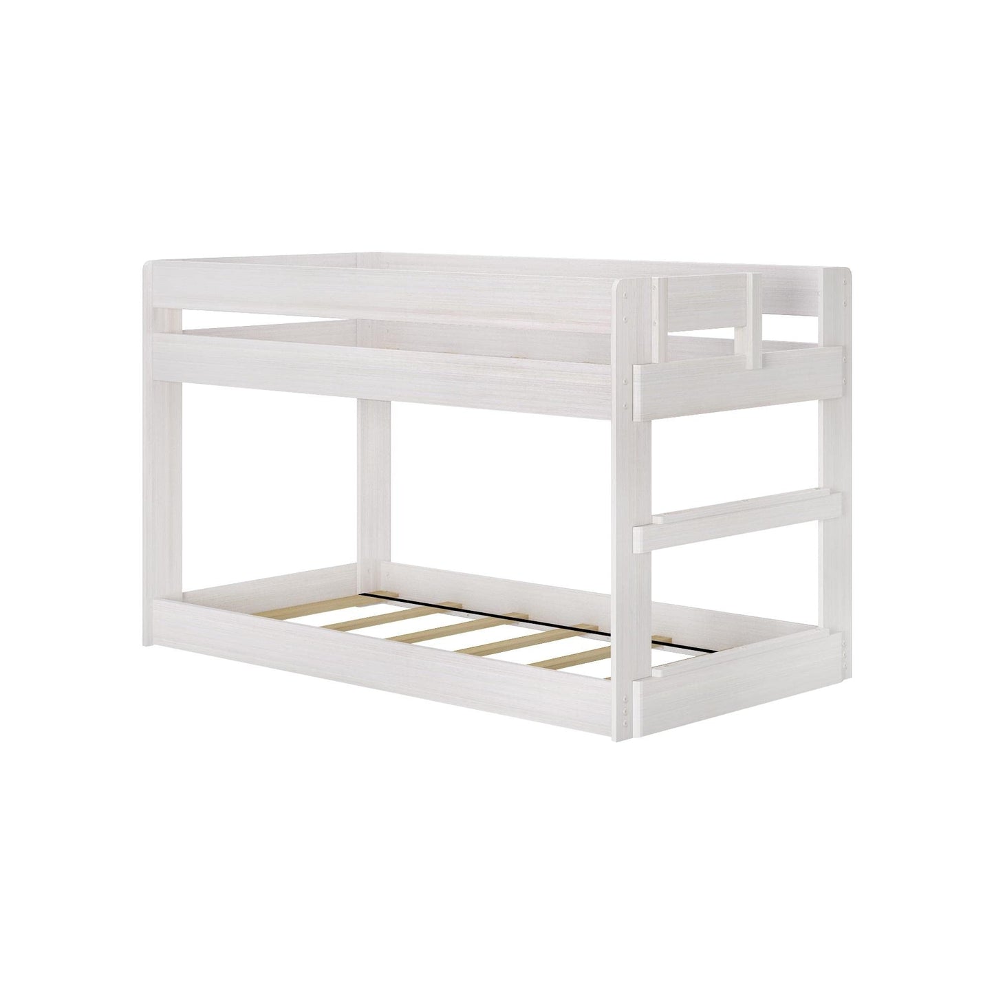 Max & Lily Modern Farmhouse Low Bunk Bed, Twin-Over-Twin Bed Frame For Kids, White Wash