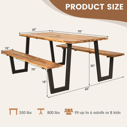 Tangkula Patented Wooden Picnic Table, Outdoor Acacia Wood Picnic Table with 2 Built-in Benches, Umbrella Hole, Steel Frame, Outside Table and Bench Set for Garden, Backyard, Porch, Patio