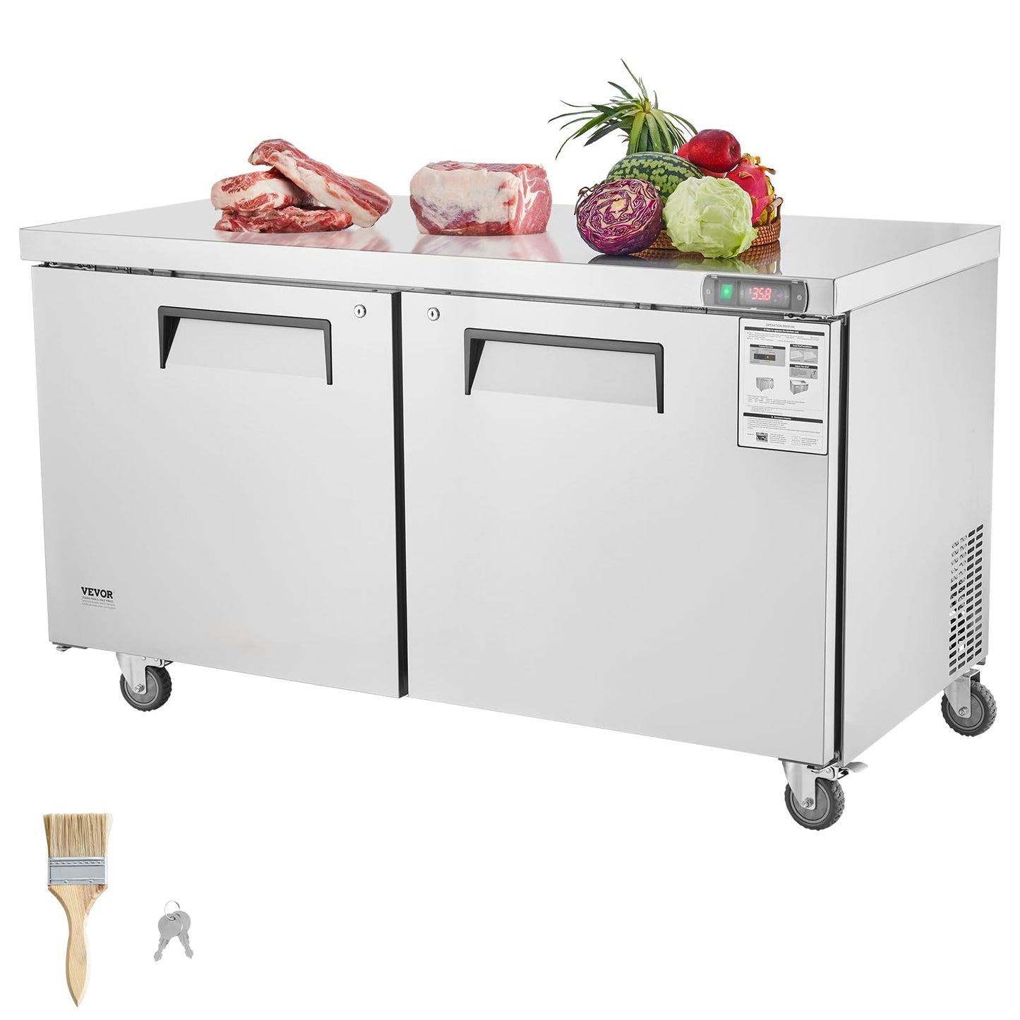 VEVOR 60" Commercial Refrigerator Sandwich & Salad Prep Table, 16.4 Cu. Ft Stainless Steel Refrigerated Food Prep Station with 2 Doors, Frost Free Refrigerator with Lock for Restaurant, Bar, Store
