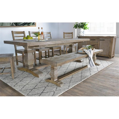 Trent Home 83" Transitional Reclaimed Pine Wood Bench, Weathered Brown Finish, FSC Certified, Hand-Carved Pedestal Base, Rustic Seating for Kitchen, Dining Room or Entryway