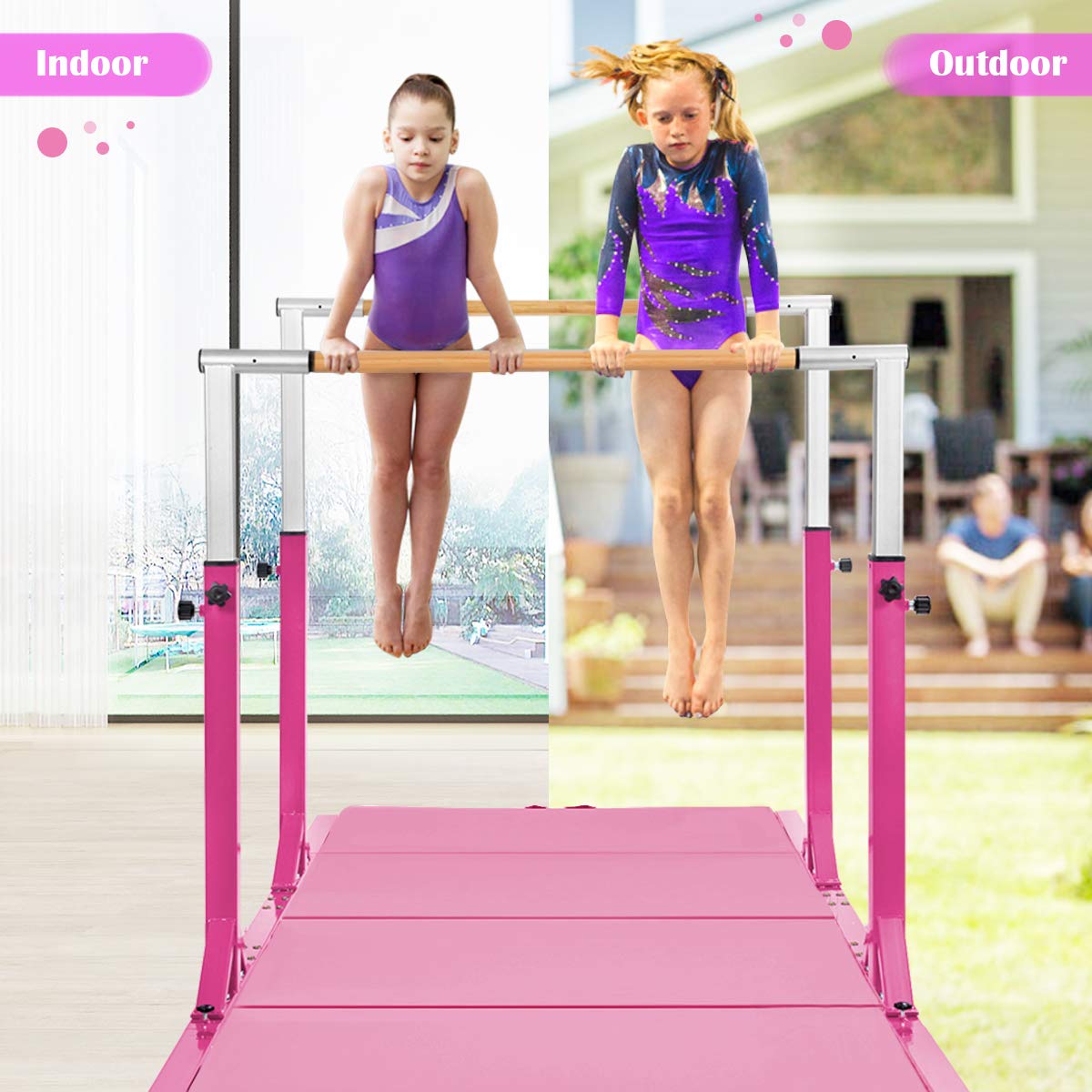 Costzon Double Horizontal Bars, Junior Gymnastic Training Parallel Bars w/ 11-Level 38-55" Adjustable Heights, Converted Single Bar, 264lbs Capacity, Ideal for Indoors, Outdoors, Home Practice (Pink)