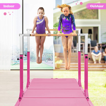 Costzon Double Horizontal Bars, Junior Gymnastic Training Parallel Bars w/ 11-Level 38-55" Adjustable Heights, Converted Single Bar, 264lbs Capacity, Ideal for Indoors, Outdoors, Home Practice (Pink)