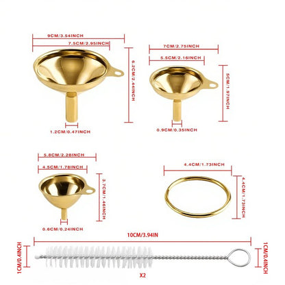 OYWOBET Gold Stainless Steel Funnels for Kitchen Use, Large Tiny Small Funnel Set of 3 with 2Pcs Cleaning Brush Set for Filling Bottles Oil Liquor Water Spice (Gold)
