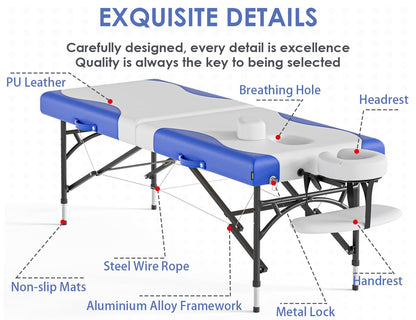 CLORIS 84" Professional Massage Table Portable 2 Folding Lightweight Facial Salon Spa Tattoo Bed Height Adjustable with Carrying Bag & Aluminium Leg Hold Up to 1000LBS - Widen