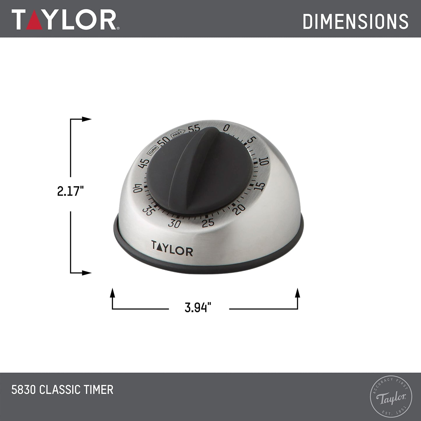 Taylor Mechanical Timer, Countdown with Easy-Turn Dial and Loud Ring Alarm, Compact Tool for Cooking, Baking, Classroom Activities, Homework, Studying, Projects, Stainless Steel