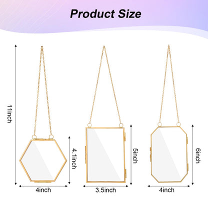 AHQiZFX 6 Pcs Pressed Flower Frames, Double Glass Hanging Picture Frame With Chain, 3 Styles Gold Brass Floating Frame for Dried Flowers, Artwork, Photos, DIY Home Wall Art, Horizontal Vertical