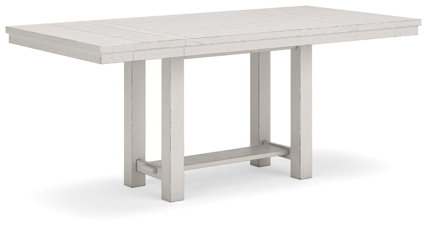 Signature Design by Ashley Robbinsdale Farmhouse Distressed Counter Height Dining Extension Table with Trestle Base, Planked Effect and 2 Removable End Leaves, White