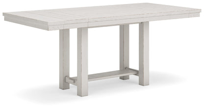 Signature Design by Ashley Robbinsdale Farmhouse Distressed Counter Height Dining Extension Table with Trestle Base, Planked Effect and 2 Removable End Leaves, White