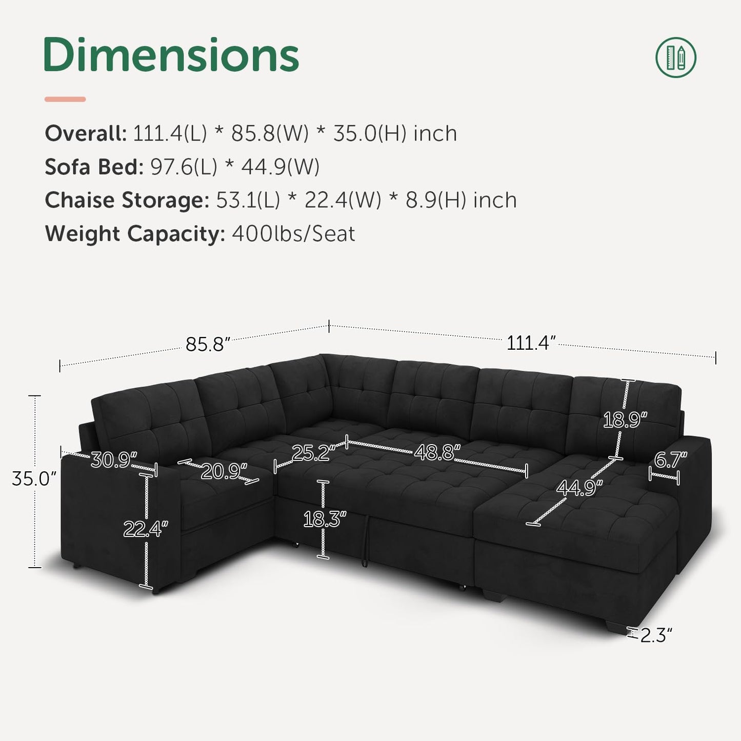 HONBAY Sectional Sleeper Sofa with Pull Out Bed, Sleeper Sectional Couch for Living Room, Sleeper Sofa Bed with Storage Chaise, Velvet Black