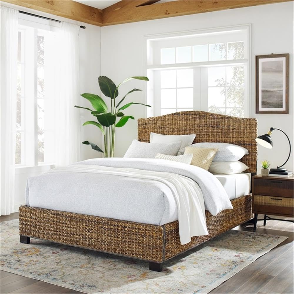 Pemberly Row Coastal Wood/Rattan King Platform Bed, Natural Brown Finish, Handwoven Banana Leaf, Matte Black Feet, 53.75" H x 82.5" W x 86" D, Includes Headboard/Footboard, Rustic Bedroom Furniture