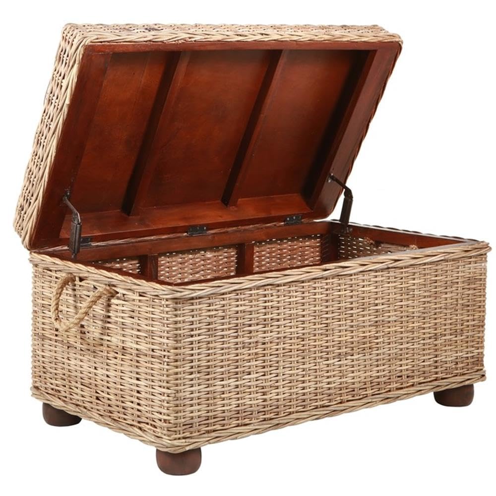 Pemberly Row Modern Kubu Wicker Rattan Storage Trunk, 37 in x 21.25 in x 19 in, Tan Finish, Handmade with Solid Mahogany Frame, Spacious Lift-Top Storage, Versatile Coffee Table for Living Room or