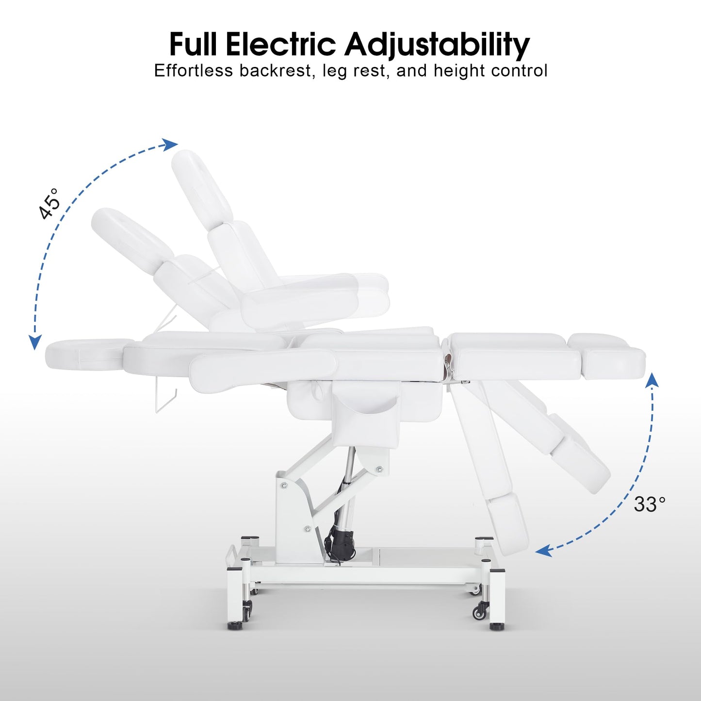 BarberPub Fully Electric Beauty Bed, 3-Motor Salon Spa Chair with Foot-Controlled Wheels, Adjustable Height, Backrest & Leg Rest – PVC Leather, Professional Facial & Treatment Table 2754 (White)